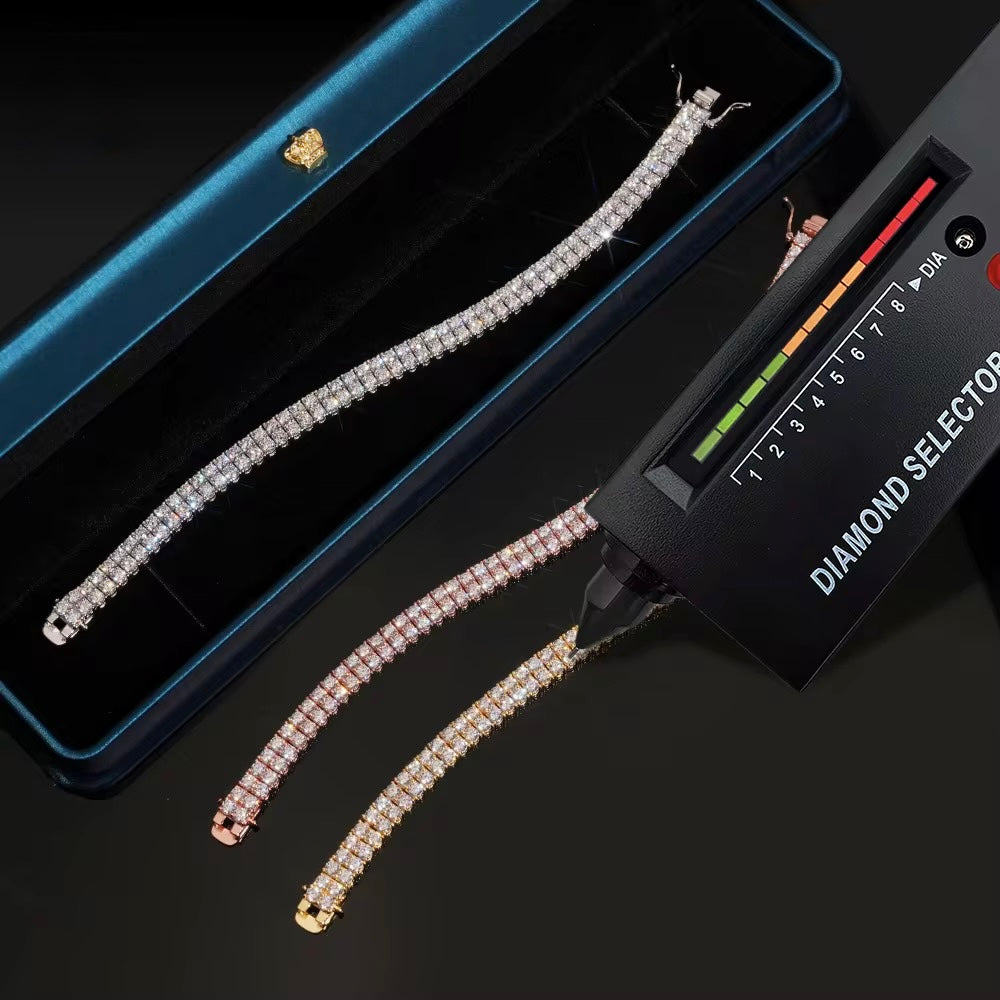 Tennis 2 Row Bracelet Moissanite Silver S925 + Rhodium Passes Diamond Icedout Bussdown