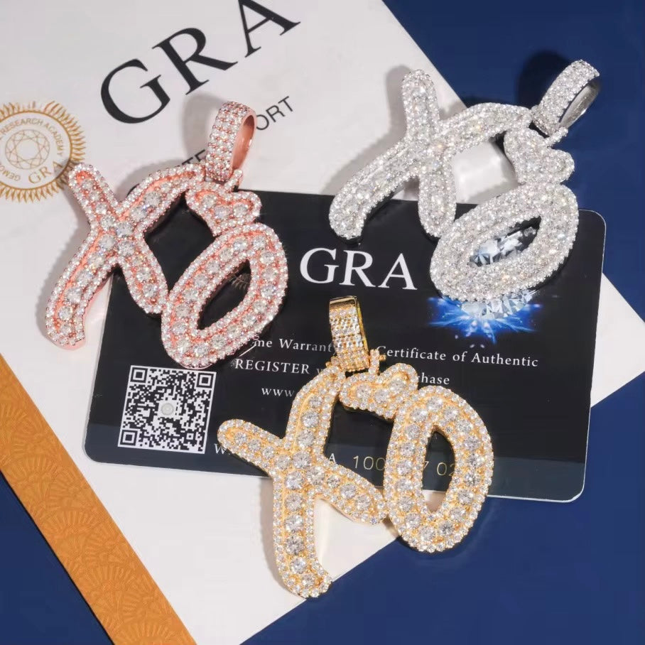 XO Pendant Moissanite Silver S925 + Rhodium Passes Diamond Icedout Bussdown