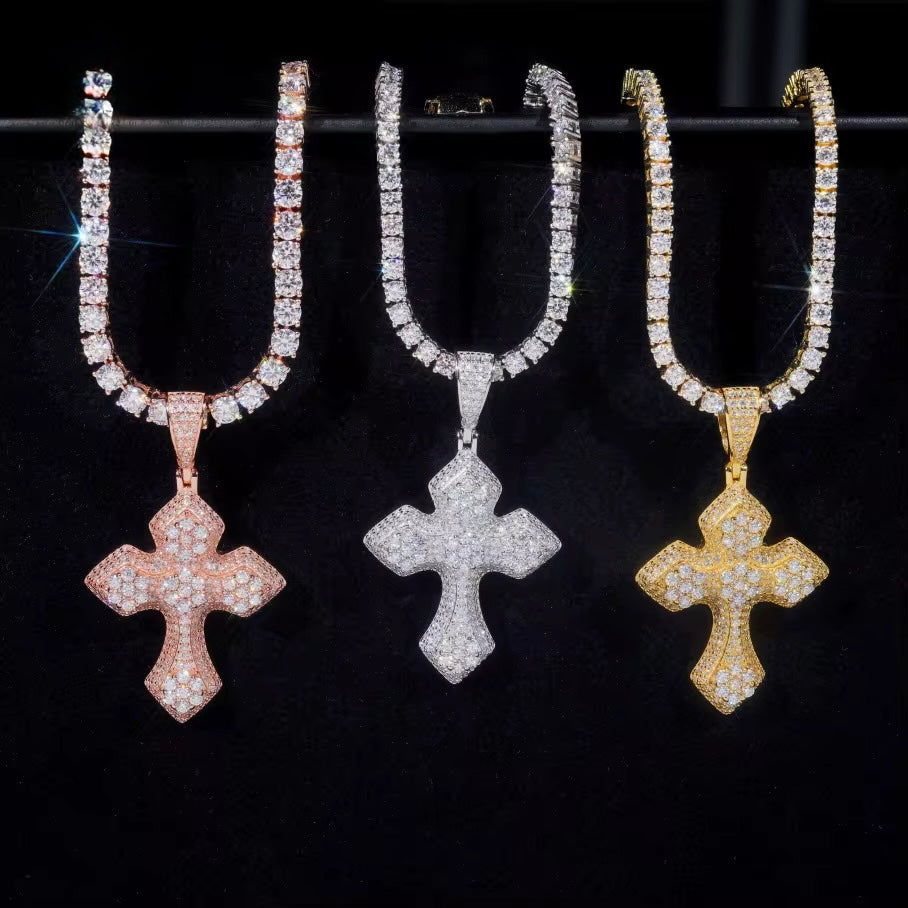 Cross Pendant Moissanite Silver S925 + Rhodium Passes Diamond Icedout Bussdown