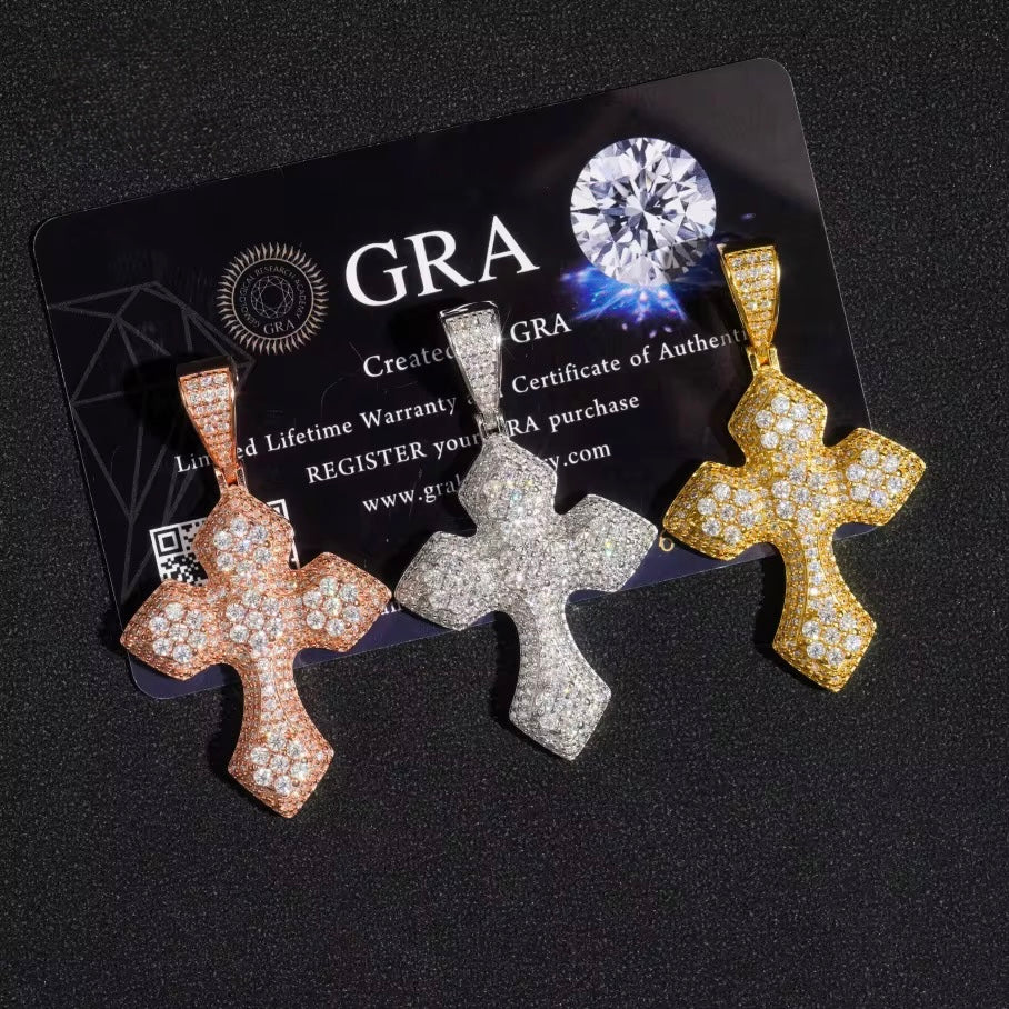 Cross Pendant Moissanite Silver S925 + Rhodium Passes Diamond Icedout Bussdown
