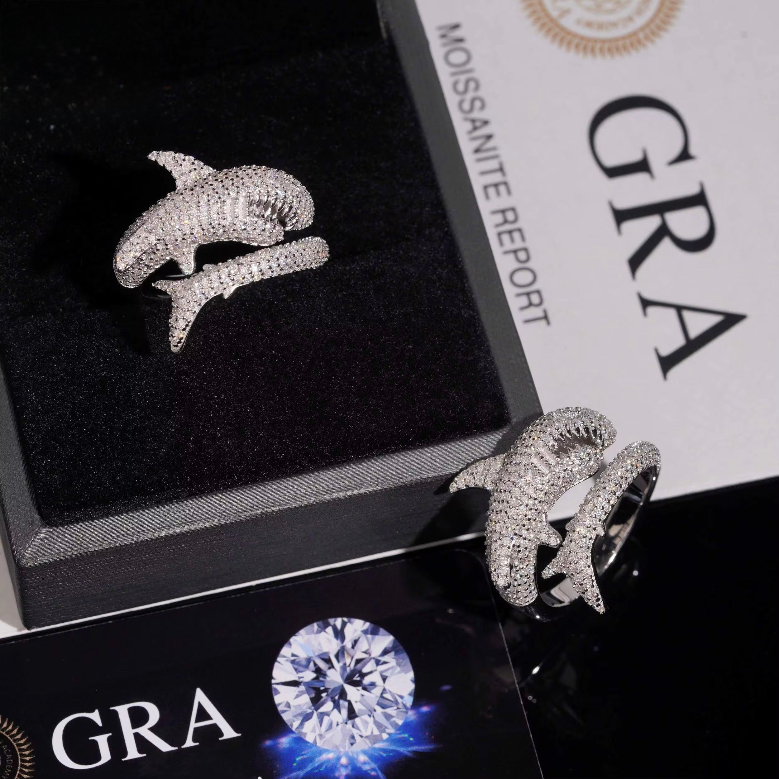 Shark Ring Moissanite Silver S925 + Rhodium Passes Diamond Icedout Bussdown