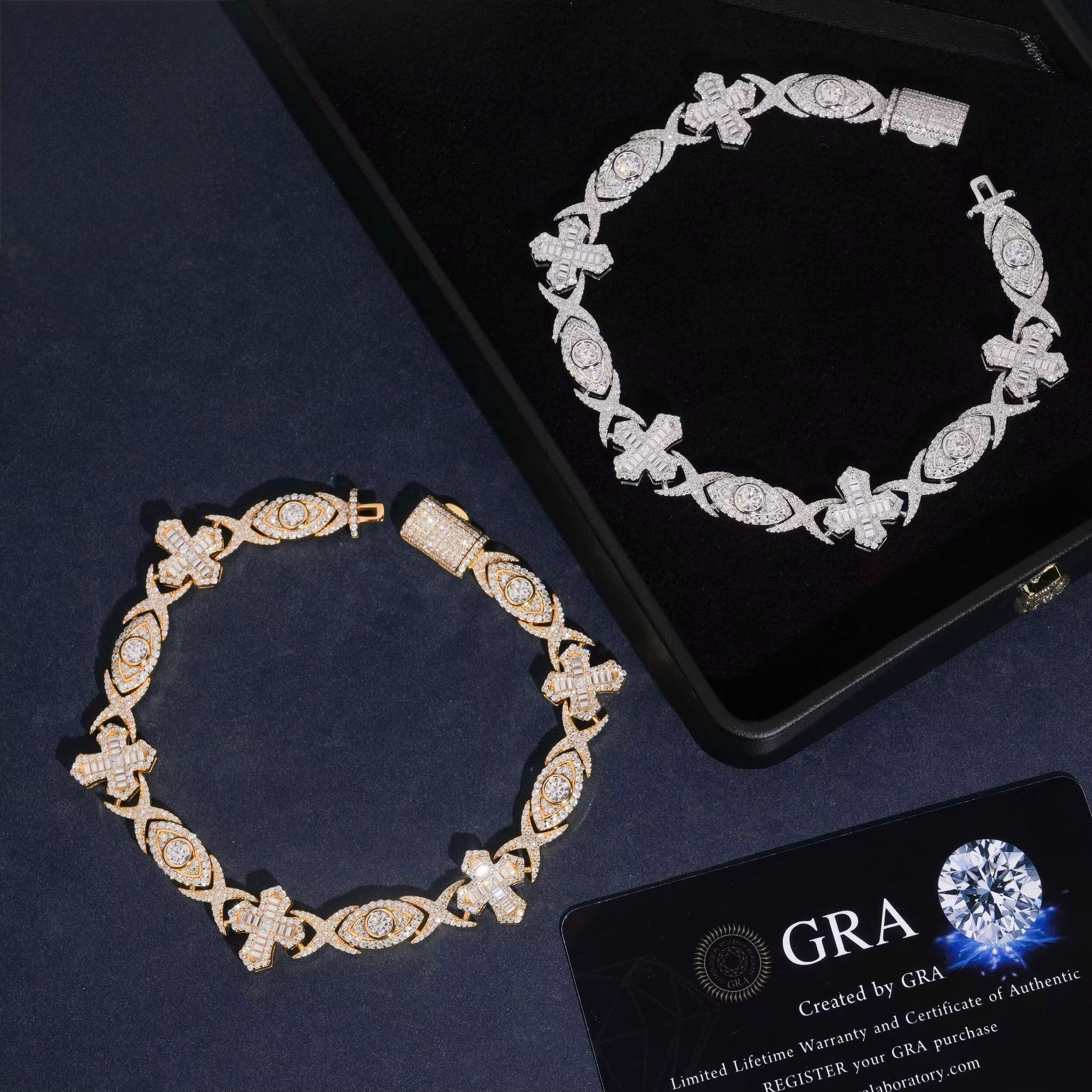 Cross Bracelet Moissanite Silver S925 + Rhodium Passes Diamond Icedout Bussdown