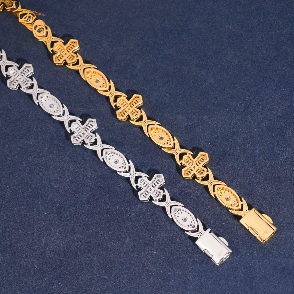 Cross Bracelet Moissanite Silver S925 + Rhodium Passes Diamond Icedout Bussdown