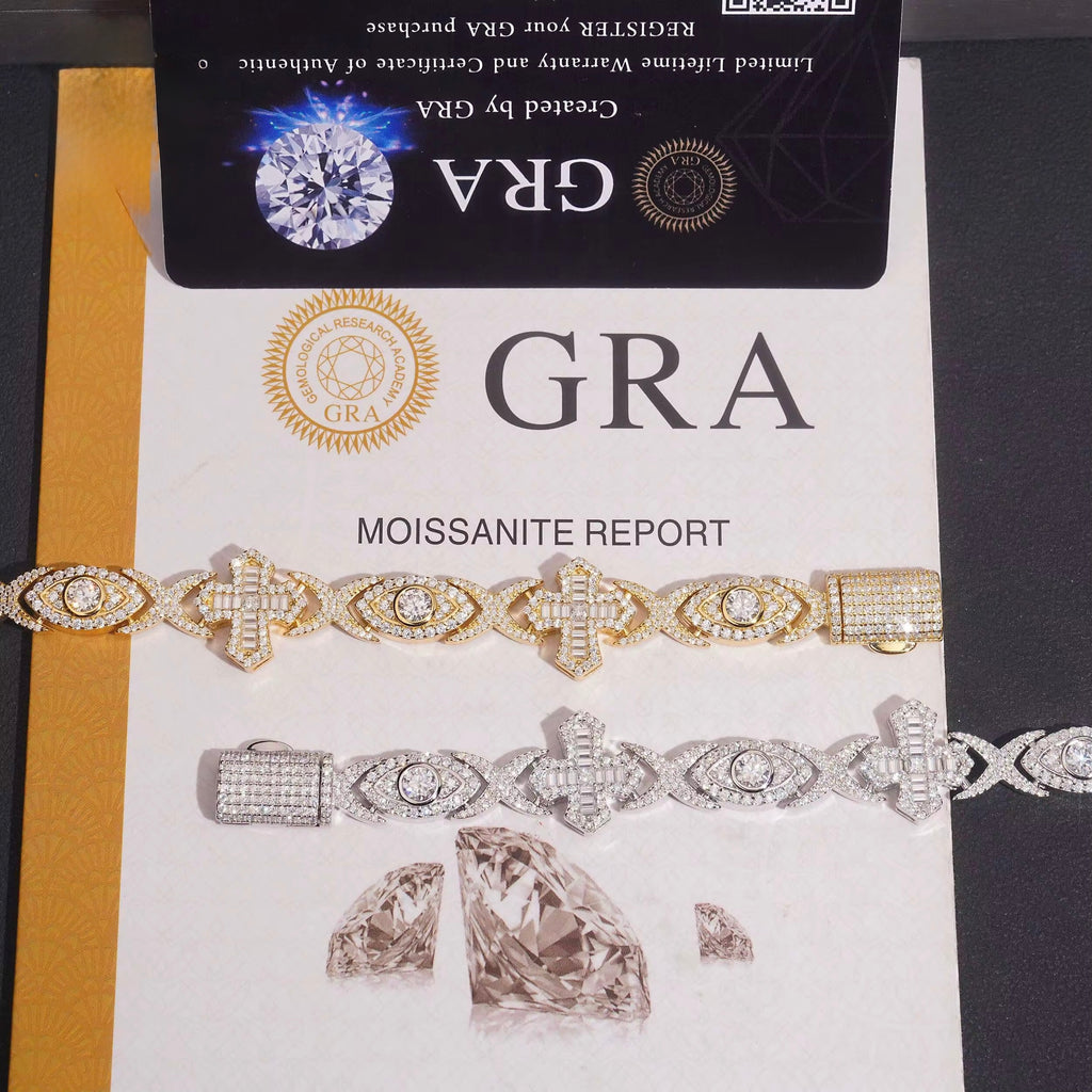 Cross Bracelet Moissanite Silver S925 + Rhodium Passes Diamond Icedout Bussdown