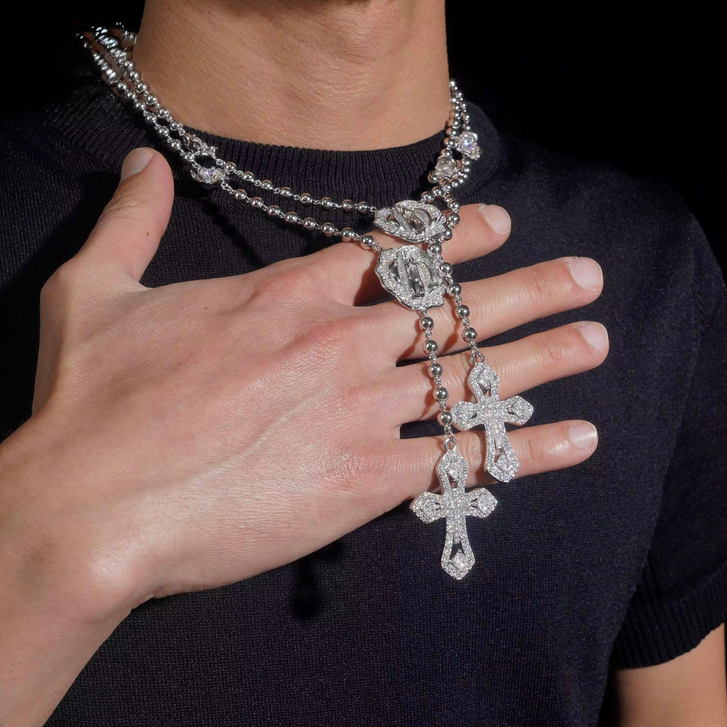Rosary Chain Moissanite Silver S925 + Rhodium Passes Diamond Icedout Bussdown