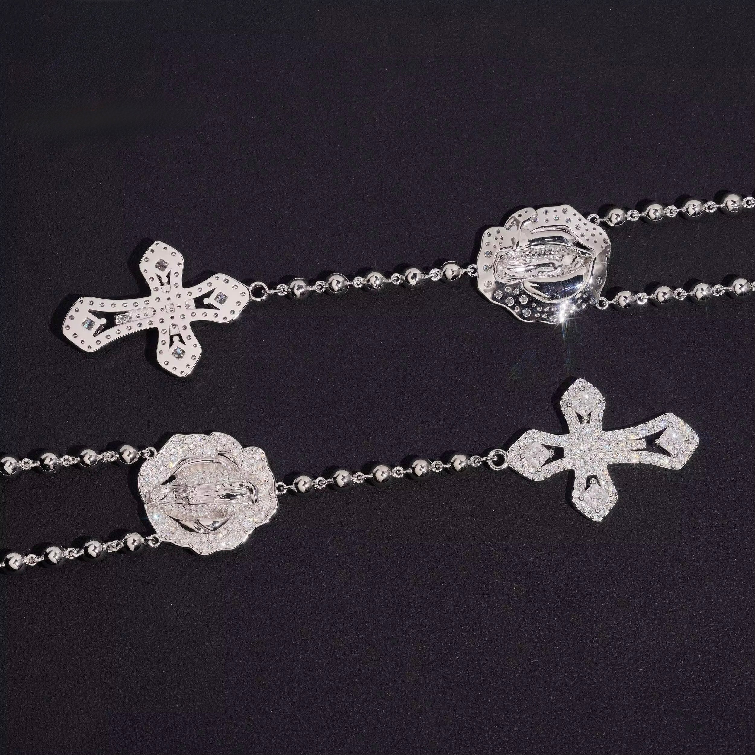 Rosary Chain Moissanite Silver S925 + Rhodium Passes Diamond Icedout Bussdown