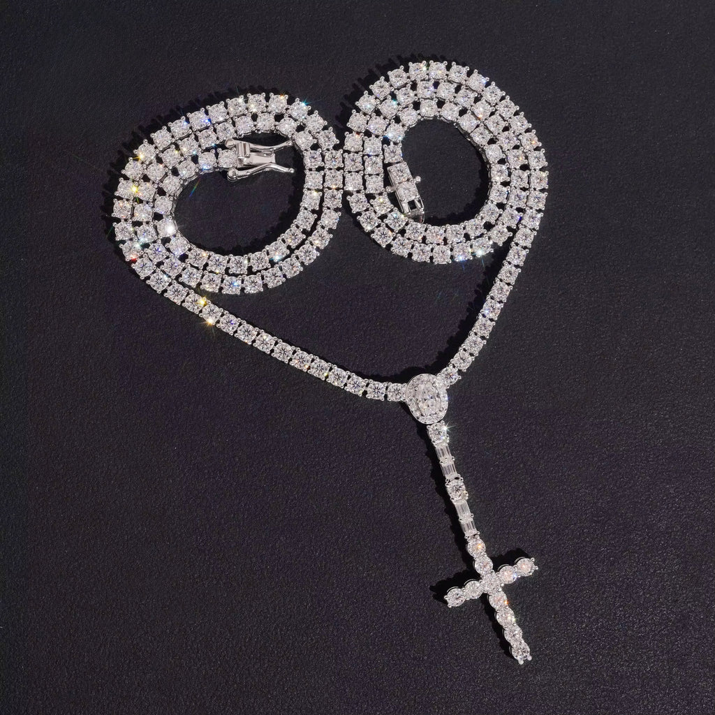 3MM Rosary Chain Moissanite Silver S925 + Rhodium Passes Diamond Icedout Bussdown