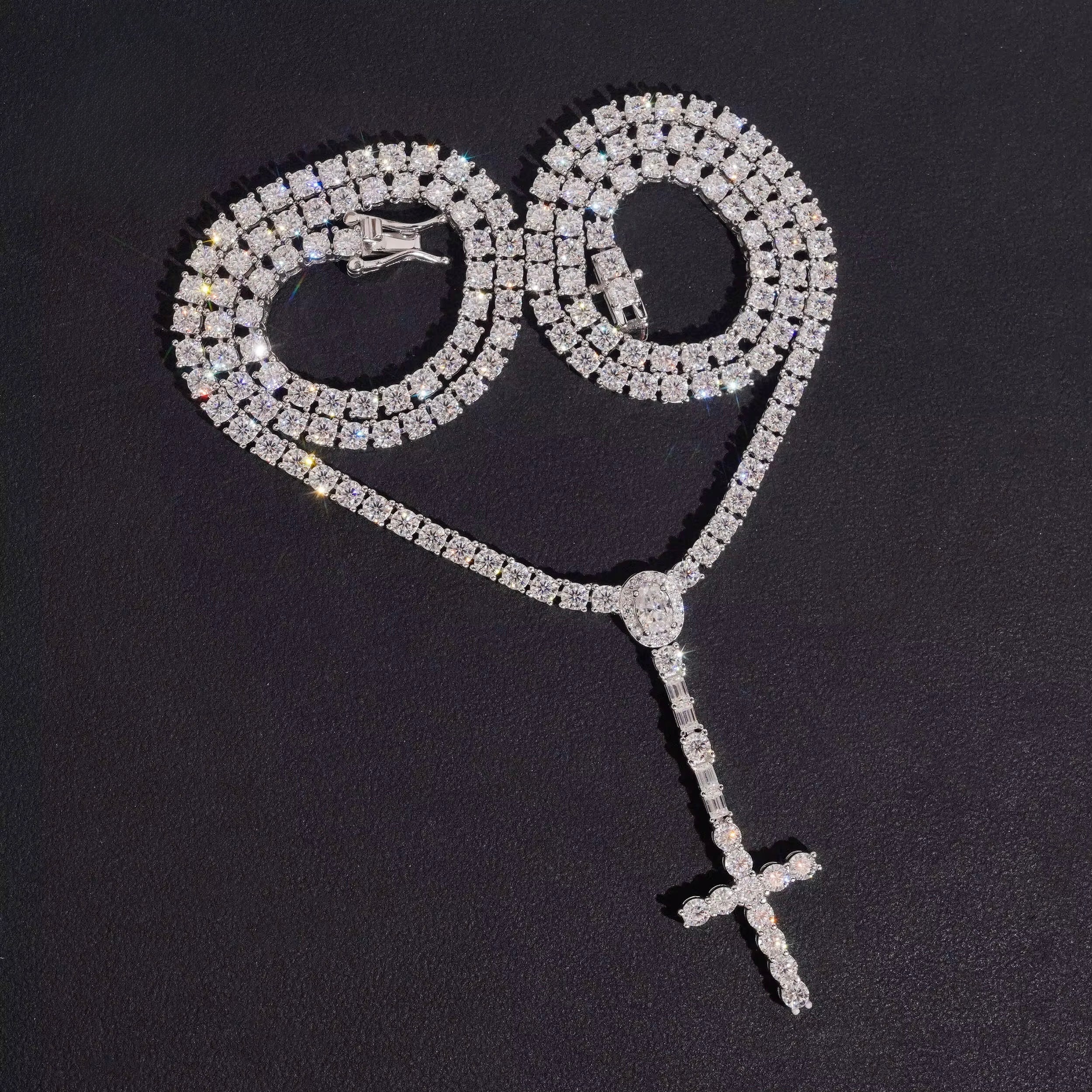 3MM Rosary Chain Moissanite Silver S925 + Rhodium Passes Diamond Icedout Bussdown