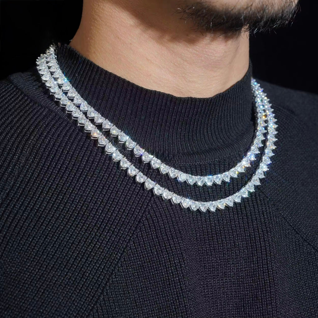 Heart Shape Chain Moissanite Silver S925 + Rhodium Passes Diamond Icedout Bussdown