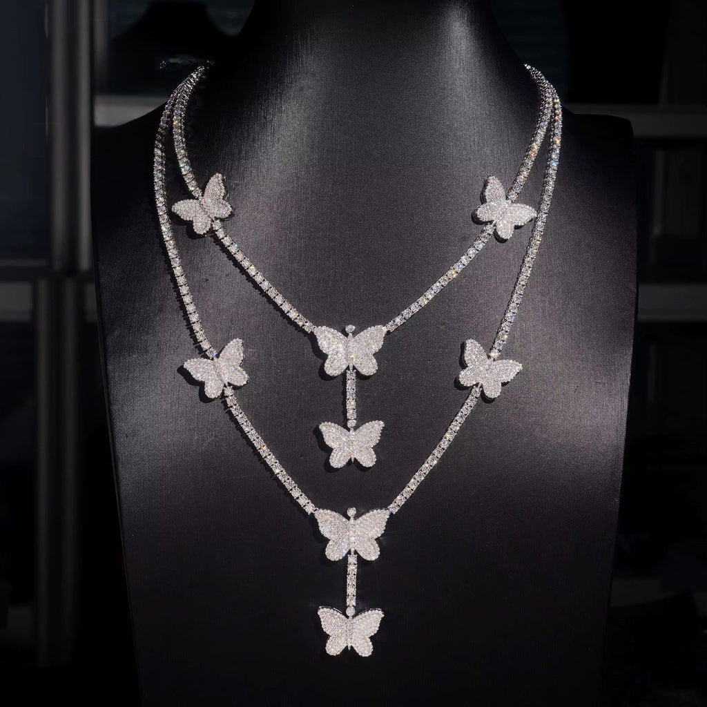Butterfly Chain Moissanite Silver S925 + Rhodium Passes Diamond Icedout Bussdown