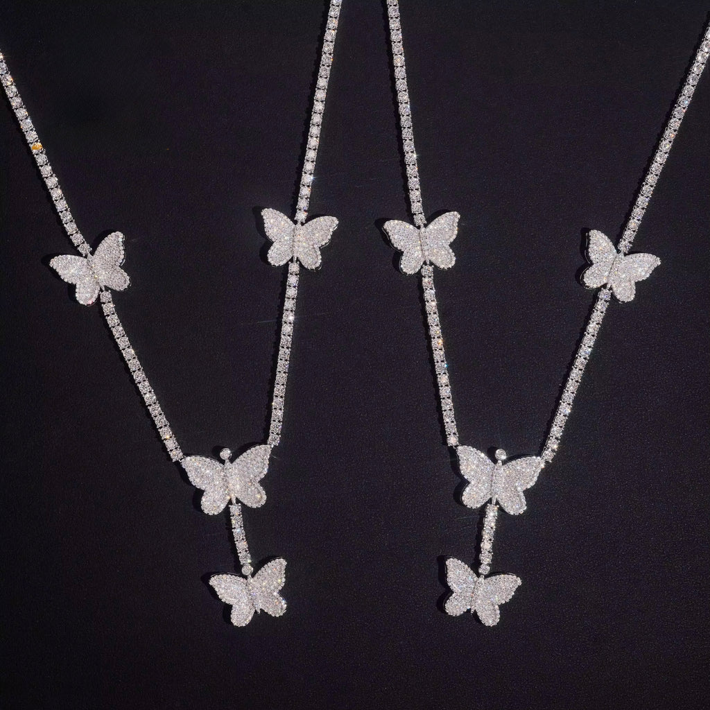 Butterfly Chain Moissanite Silver S925 + Rhodium Passes Diamond Icedout Bussdown