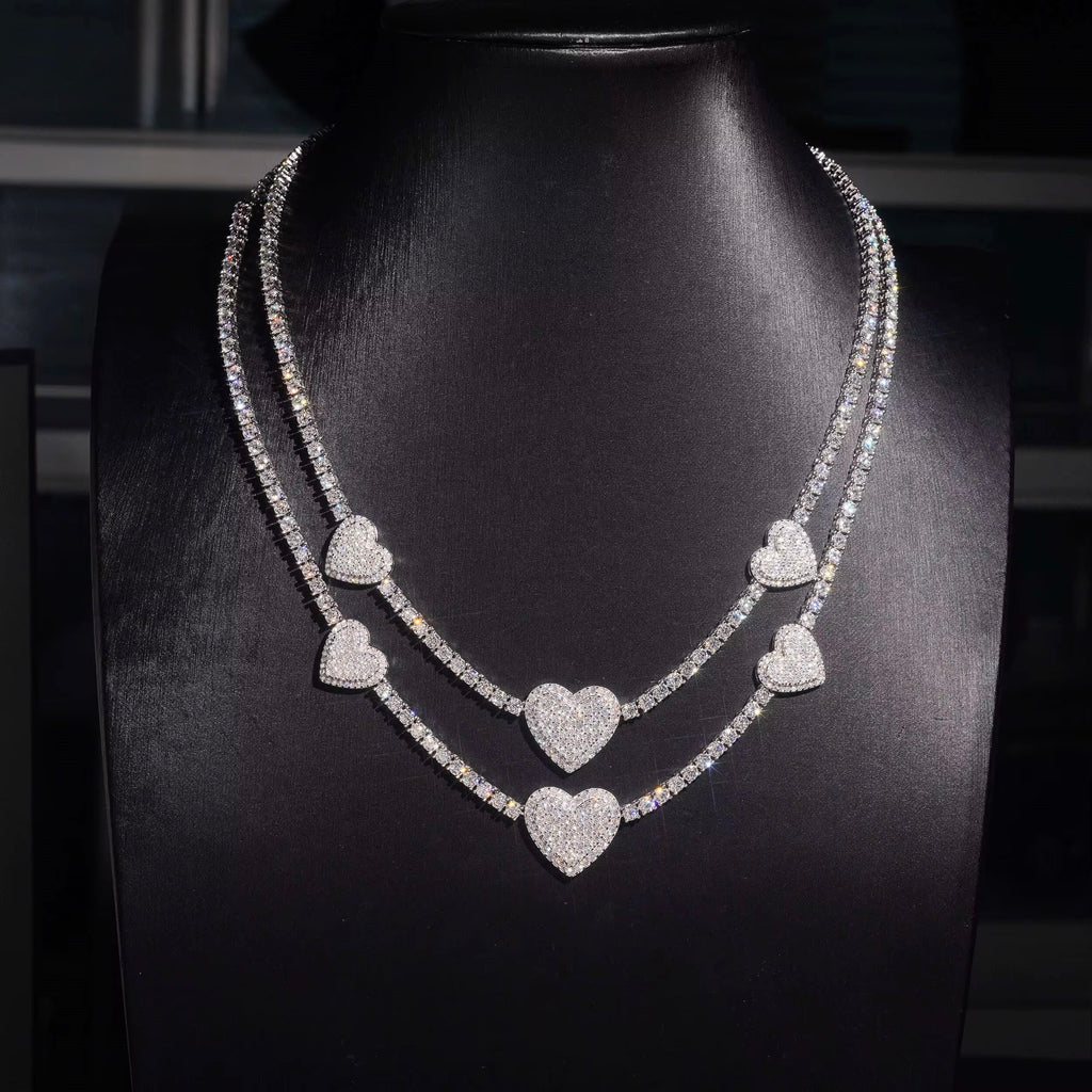 Heart Chain Moissanite Silver S925 + Rhodium Passes Diamond Icedout Bussdown