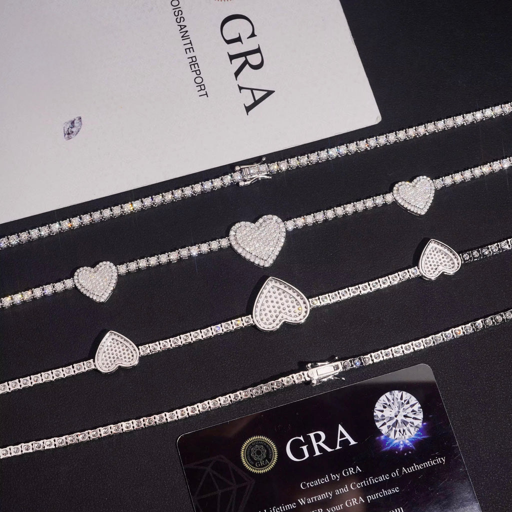 Heart Chain Moissanite Silver S925 + Rhodium Passes Diamond Icedout Bussdown