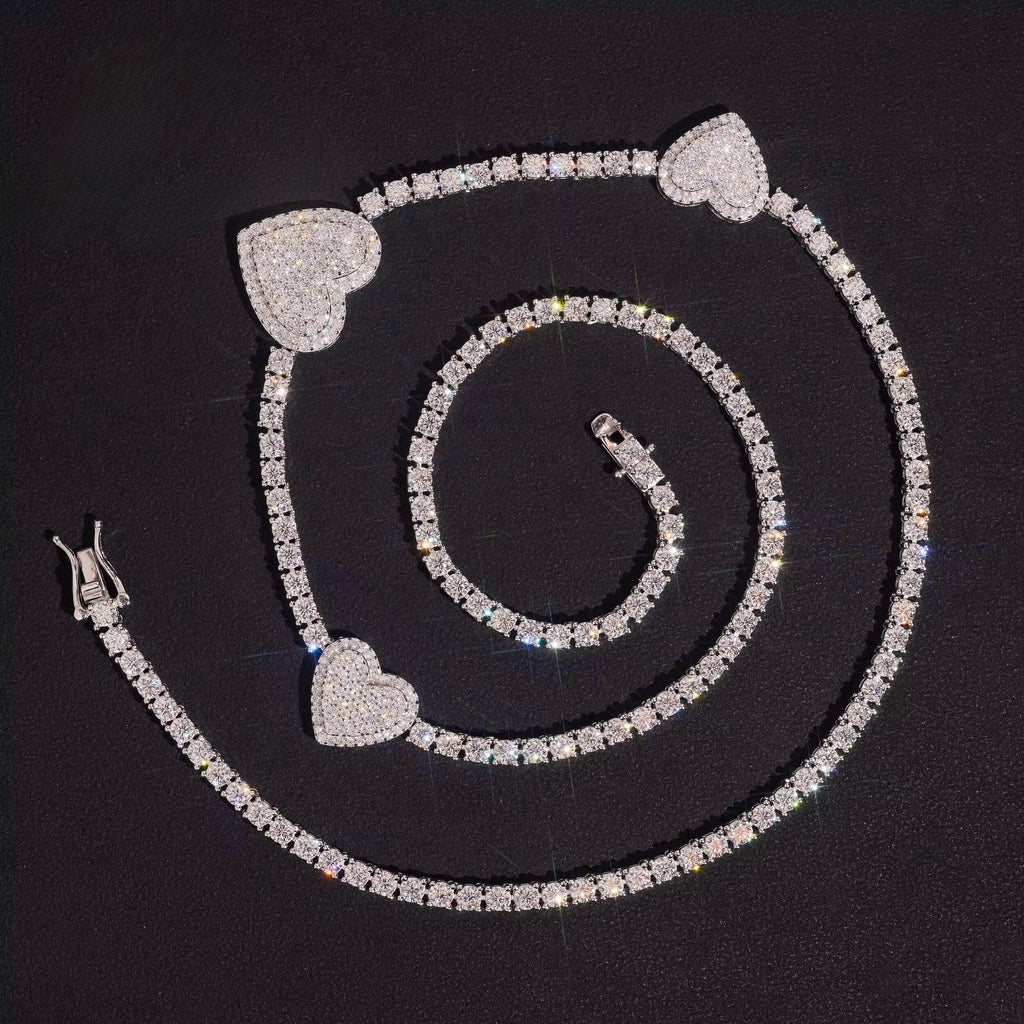 Heart Chain Moissanite Silver S925 + Rhodium Passes Diamond Icedout Bussdown