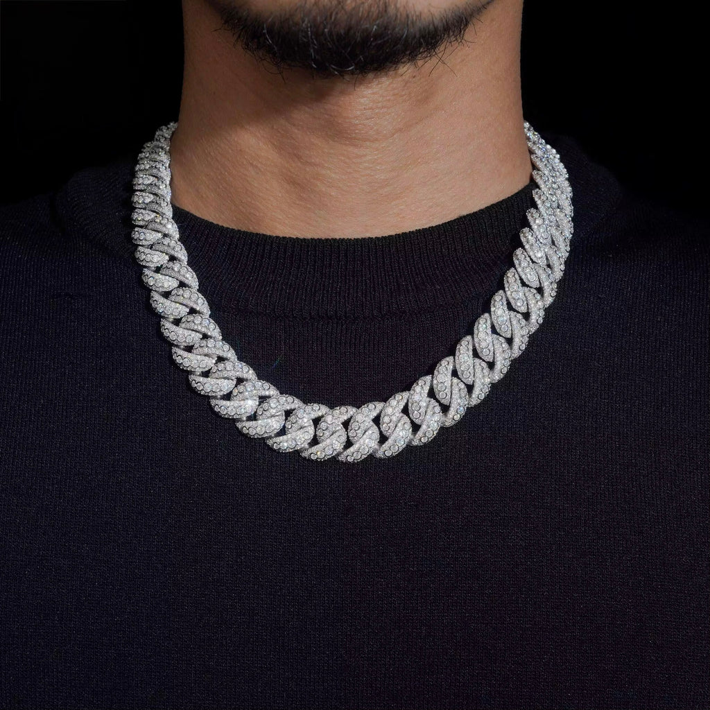 18MM Cuban Chain Pave Raised Stones Setting Moissanite Silver S925 + Rhodium Passes Diamond Icedout Bussdown