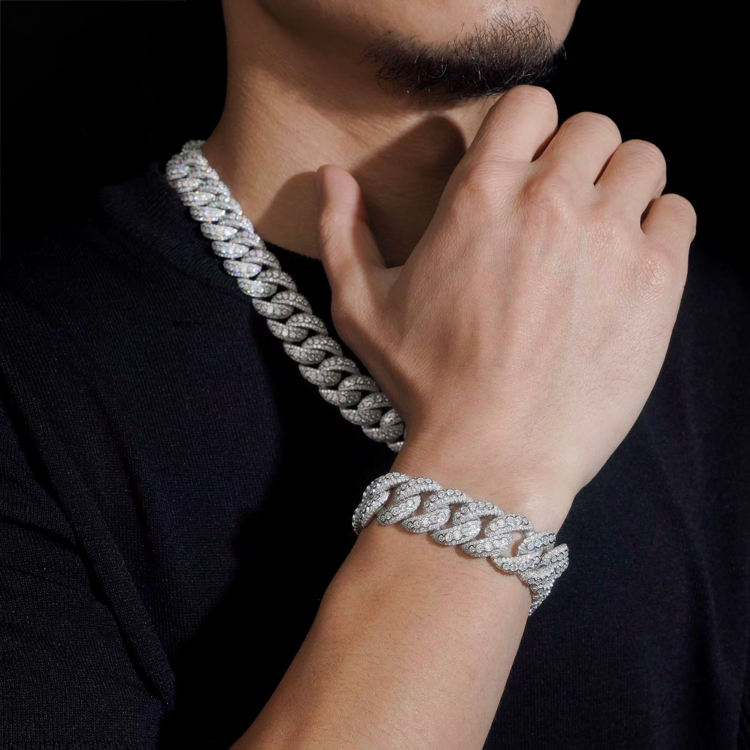 18MM Cuban Chain Pave Raised Stones Setting Moissanite Silver S925 + Rhodium Passes Diamond Icedout Bussdown