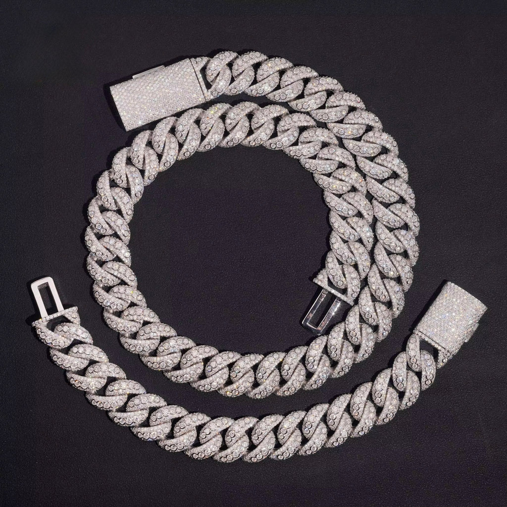 18MM Cuban Chain Pave Raised Stones Setting Moissanite Silver S925 + Rhodium Passes Diamond Icedout Bussdown