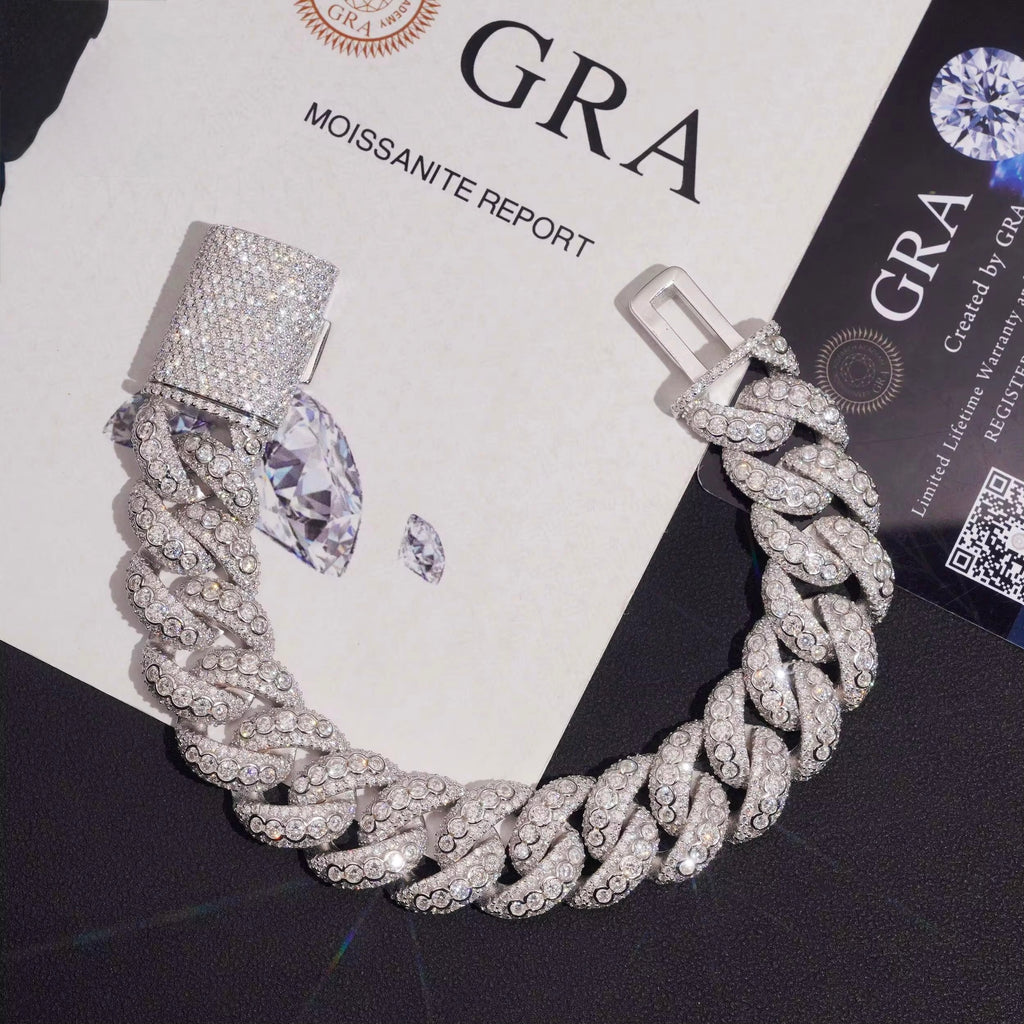 18MM Cuban Chain Pave Raised Stones Setting Moissanite Silver S925 + Rhodium Passes Diamond Icedout Bussdown