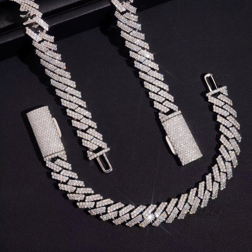 12MM Cuban Chain Prong Setting Moissanite Silver S925 + Rhodium Passes Diamond Icedout Bussdown