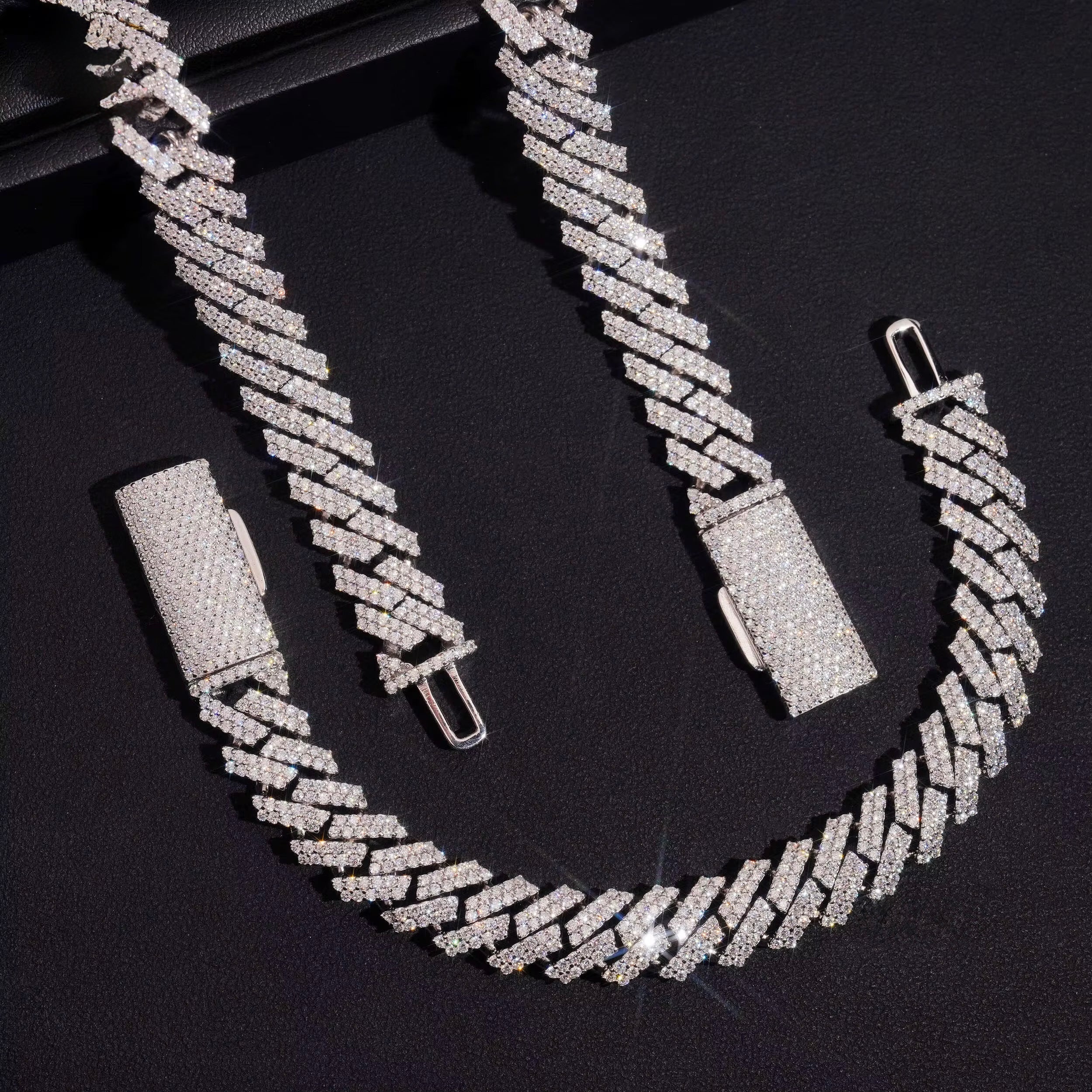 12MM Cuban Chain Prong Setting Moissanite Silver S925 + Rhodium Passes Diamond Icedout Bussdown