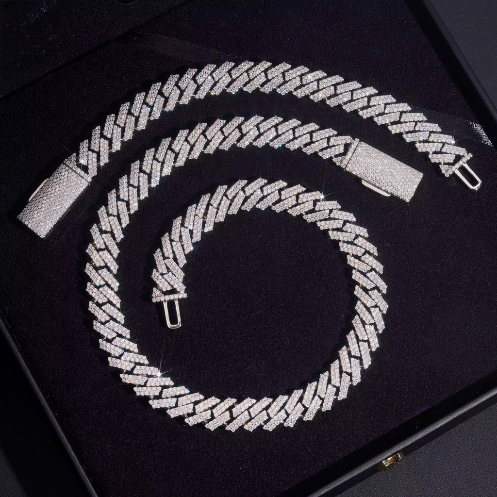 12MM Cuban Chain Prong Setting Moissanite Silver S925 + Rhodium Passes Diamond Icedout Bussdown