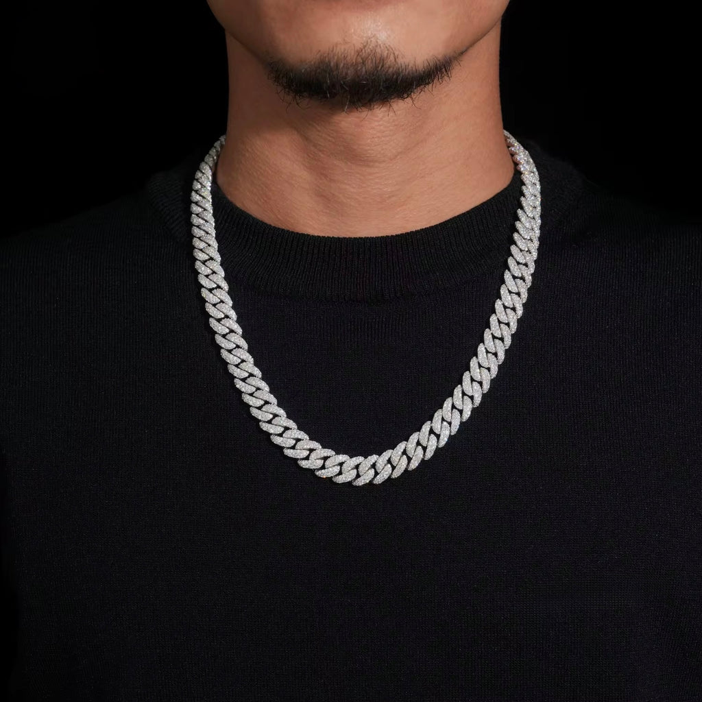 12MM Cuban Chain Pave Flower Setting NEW LOCK Moissanite Silver S925 + Rhodium Passes Diamond Icedout Bussdown