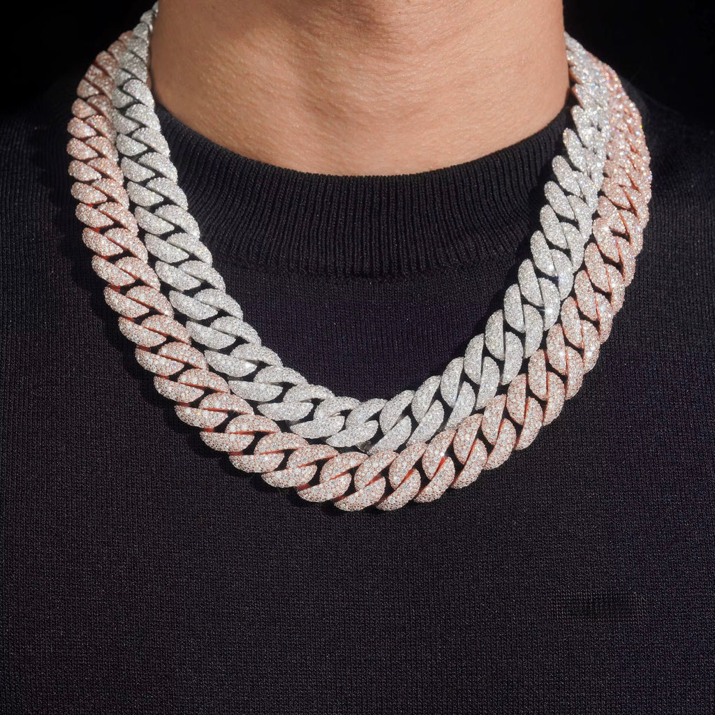 15MM Cuban Chain Pave Mosaic Setting NEW LOCK Moissanite Silver S925 + Rhodium Passes Diamond Icedout Bussdown