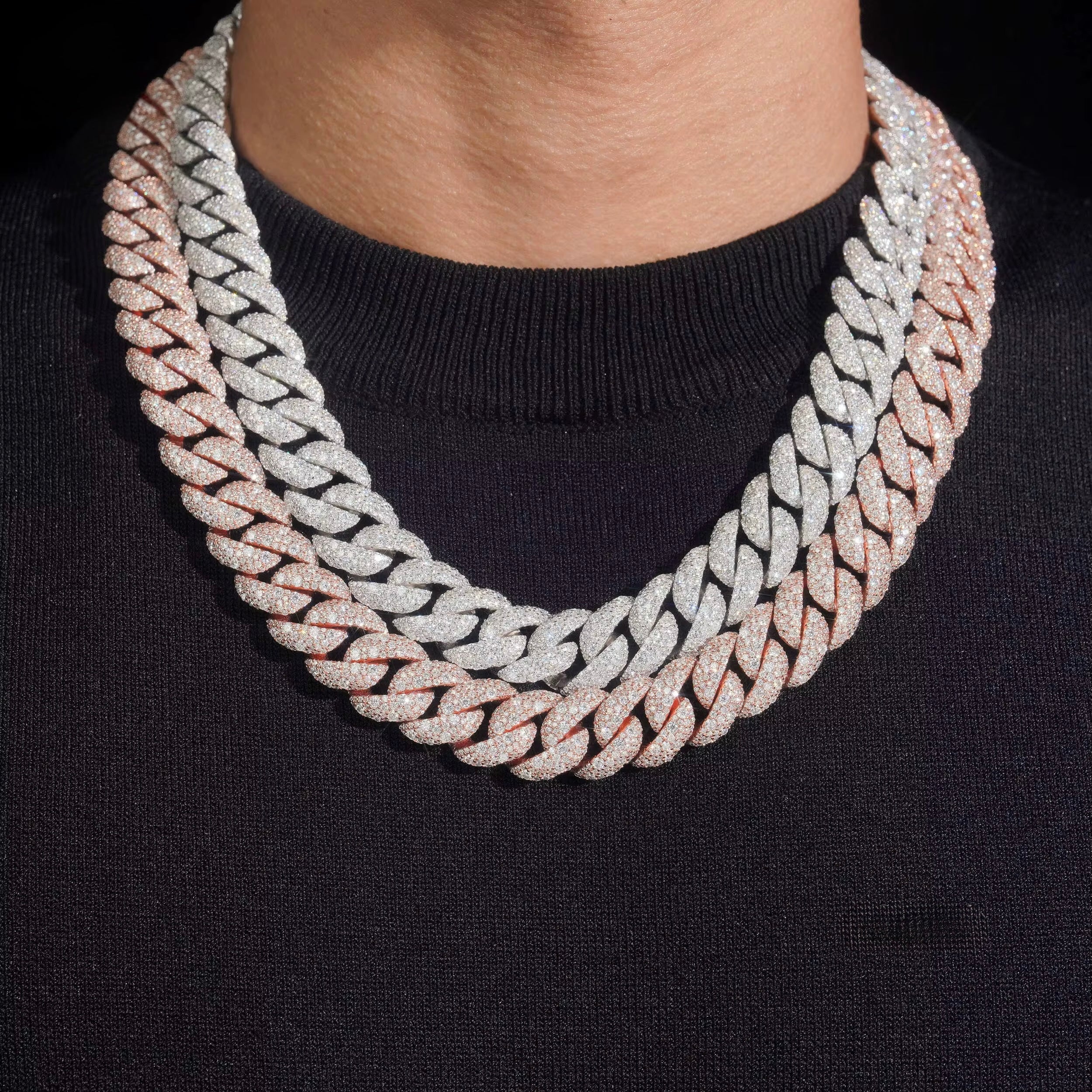 15MM Cuban Chain Pave Mosaic Setting NEW LOCK Moissanite Silver S925 + Rhodium Passes Diamond Icedout Bussdown