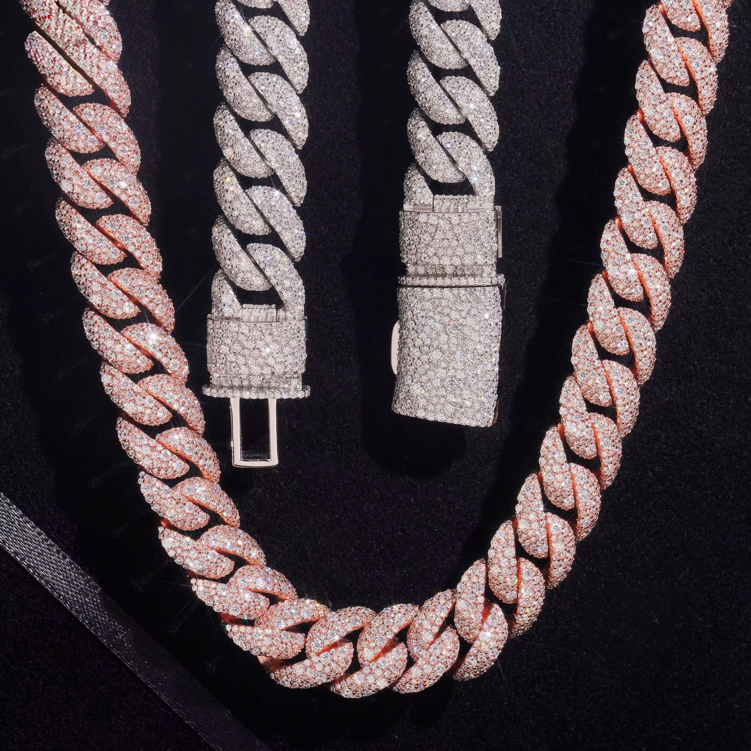 15MM Cuban Chain Pave Mosaic Setting NEW LOCK Moissanite Silver S925 + Rhodium Passes Diamond Icedout Bussdown