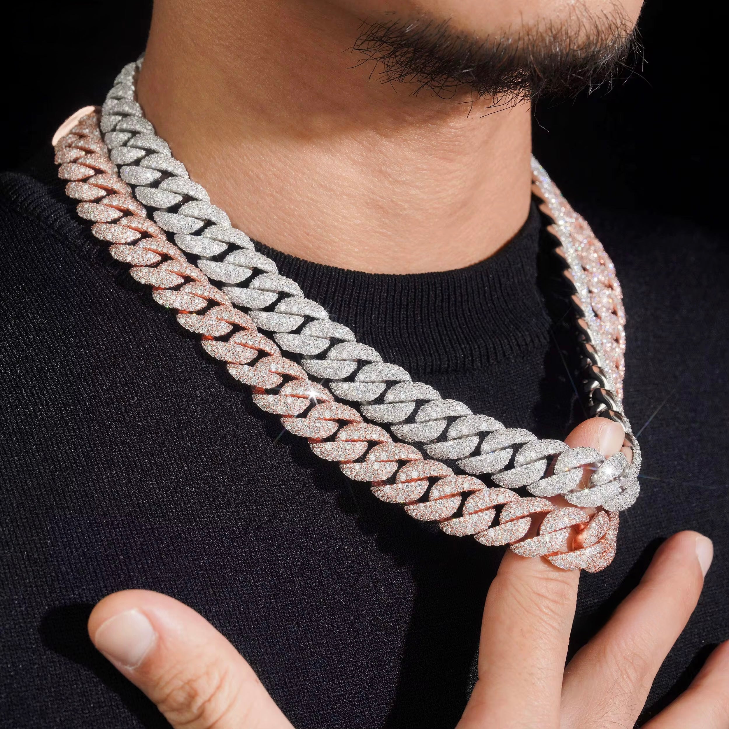 15MM Cuban Chain Pave Mosaic Setting NEW LOCK Moissanite Silver S925 + Rhodium Passes Diamond Icedout Bussdown