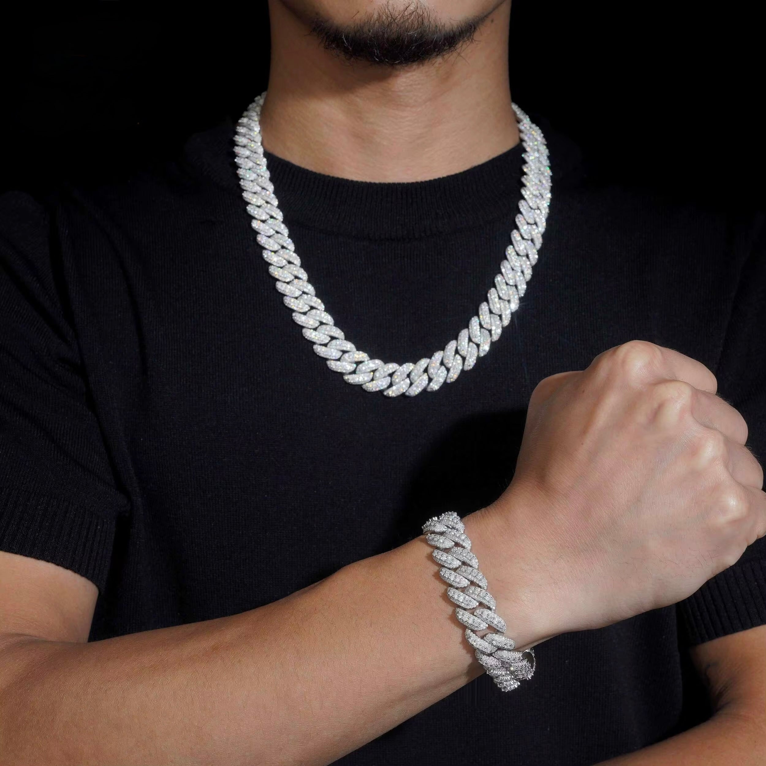 15MM Cuban Chain Pave Raised Stones Setting Moissanite Silver S925 + Rhodium Passes Diamond Icedout Bussdown