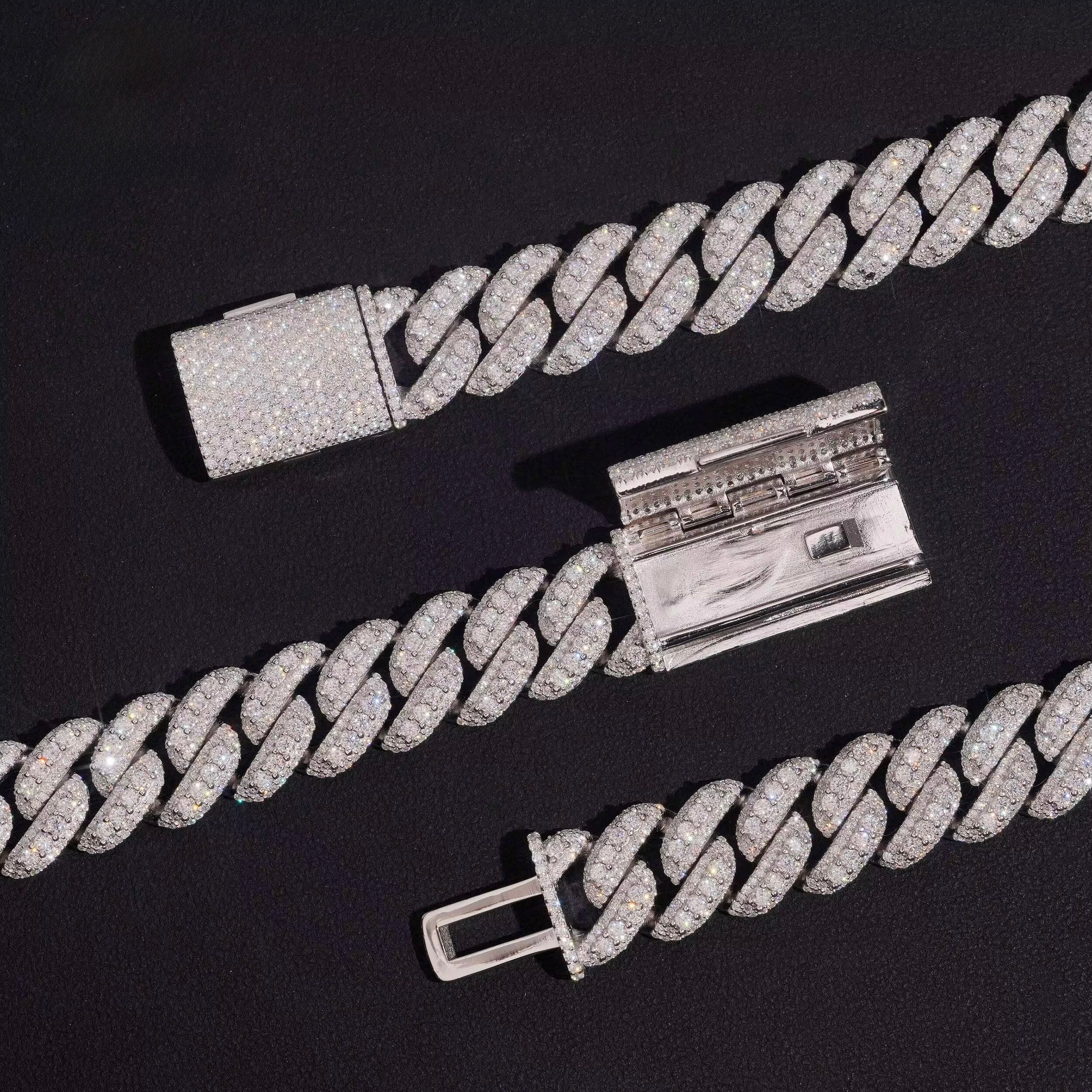 15MM Cuban Chain Pave Raised Stones Setting Moissanite Silver S925 + Rhodium Passes Diamond Icedout Bussdown