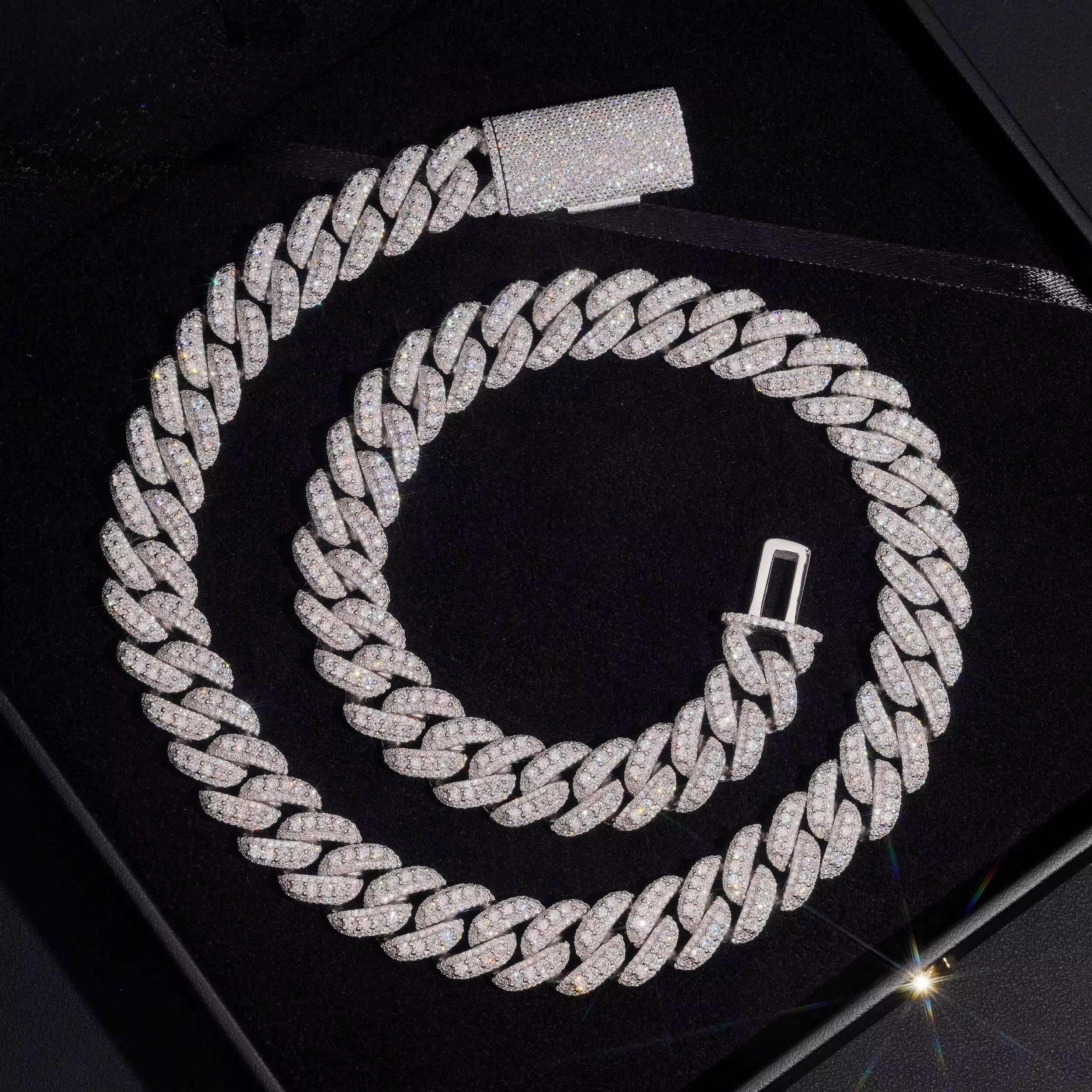 15MM Cuban Chain Pave Raised Stones Setting Moissanite Silver S925 + Rhodium Passes Diamond Icedout Bussdown