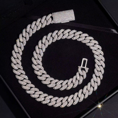 15mm Cuban Bracelet Pavé Raised Stones Setting — Moissanite, 925 Silver