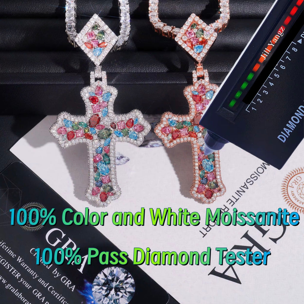 Cross Color Pendant Moissanite Silver S925 + Rhodium Passes Diamond Icedout Bussdown