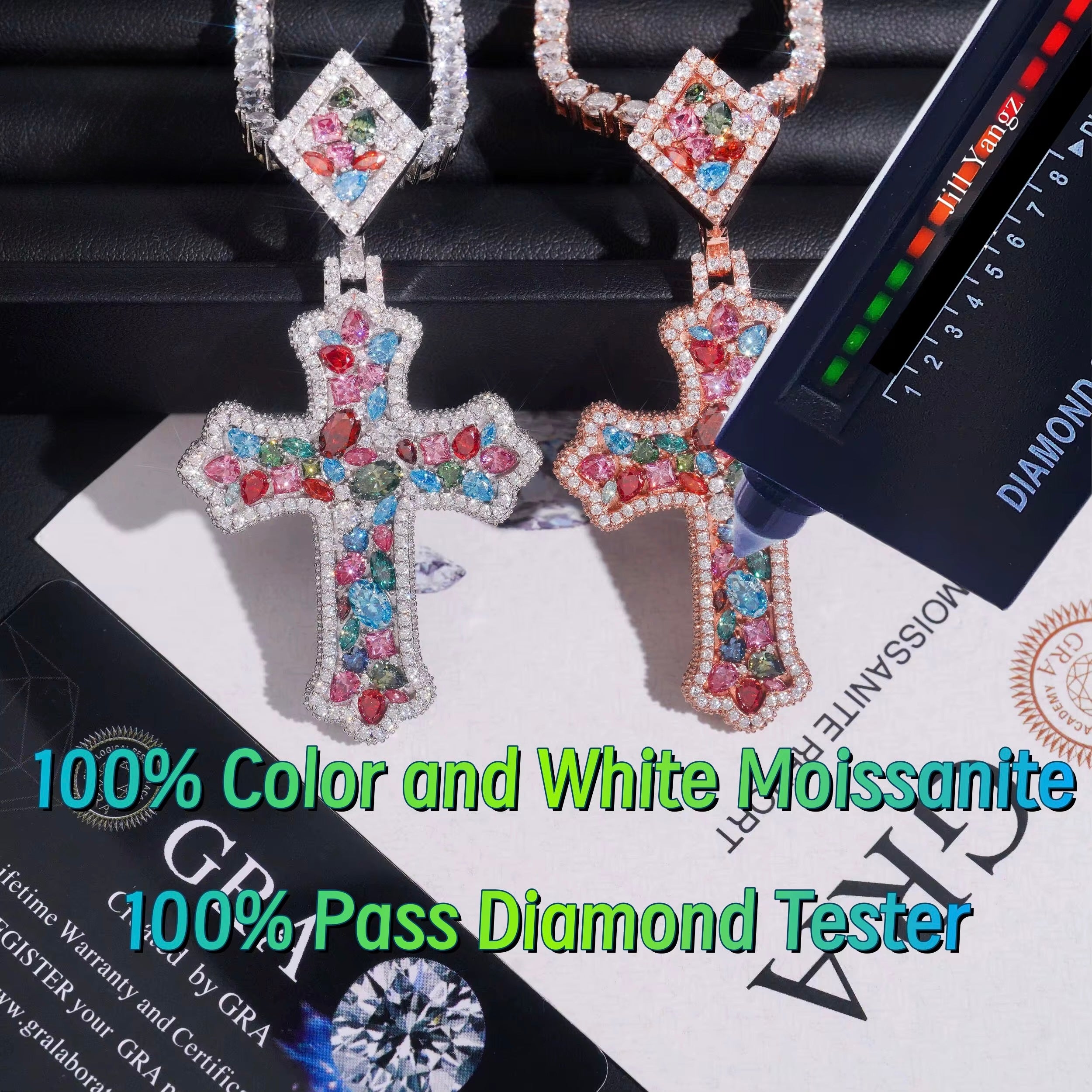 Cross Color Pendant Moissanite Silver S925 + Rhodium Passes Diamond Icedout Bussdown