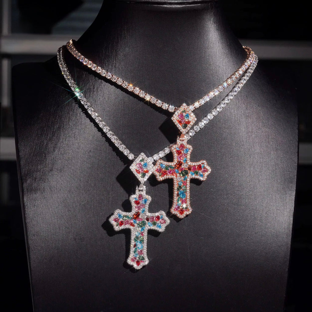 Cross Color Pendant Moissanite Silver S925 + Rhodium Passes Diamond Icedout Bussdown