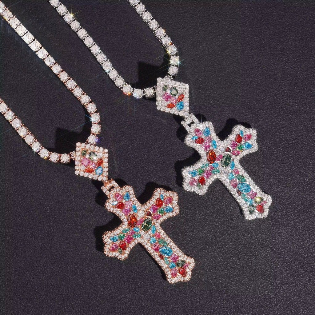 Cross Color Pendant Moissanite Silver S925 + Rhodium Passes Diamond Icedout Bussdown