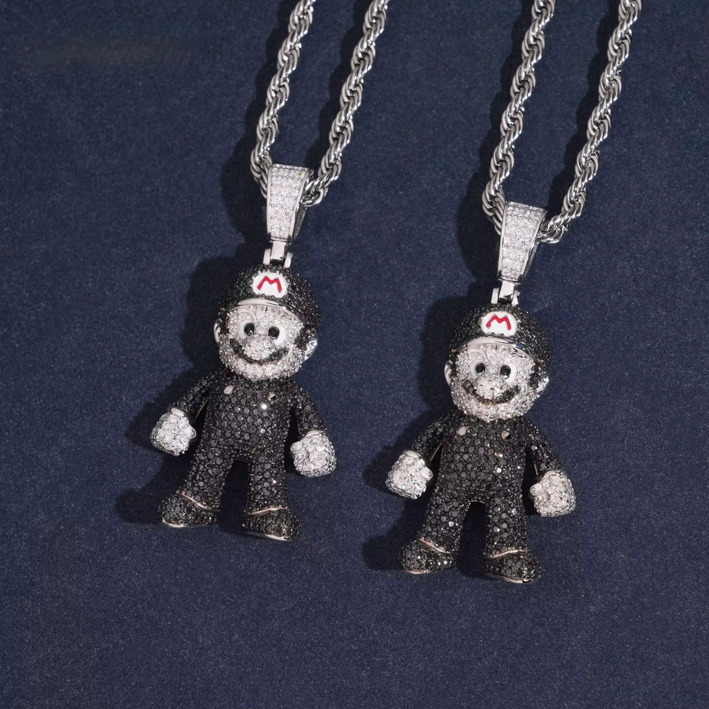 Mario Black Pendant Moissanite Silver S925 + Rhodium Passes Diamond Icedout Bussdown
