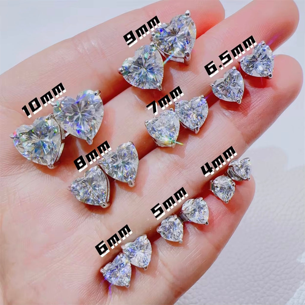 Hearts Shape Earrings Screw Back Moissanite Silver S925 + Rhodium