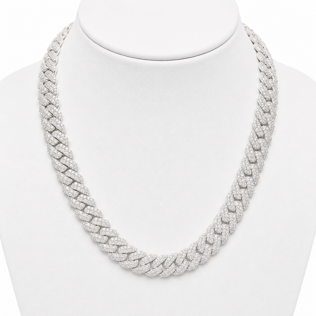 15mm Cuban Chain Pavé Setting — Moissanite, 925 Silver