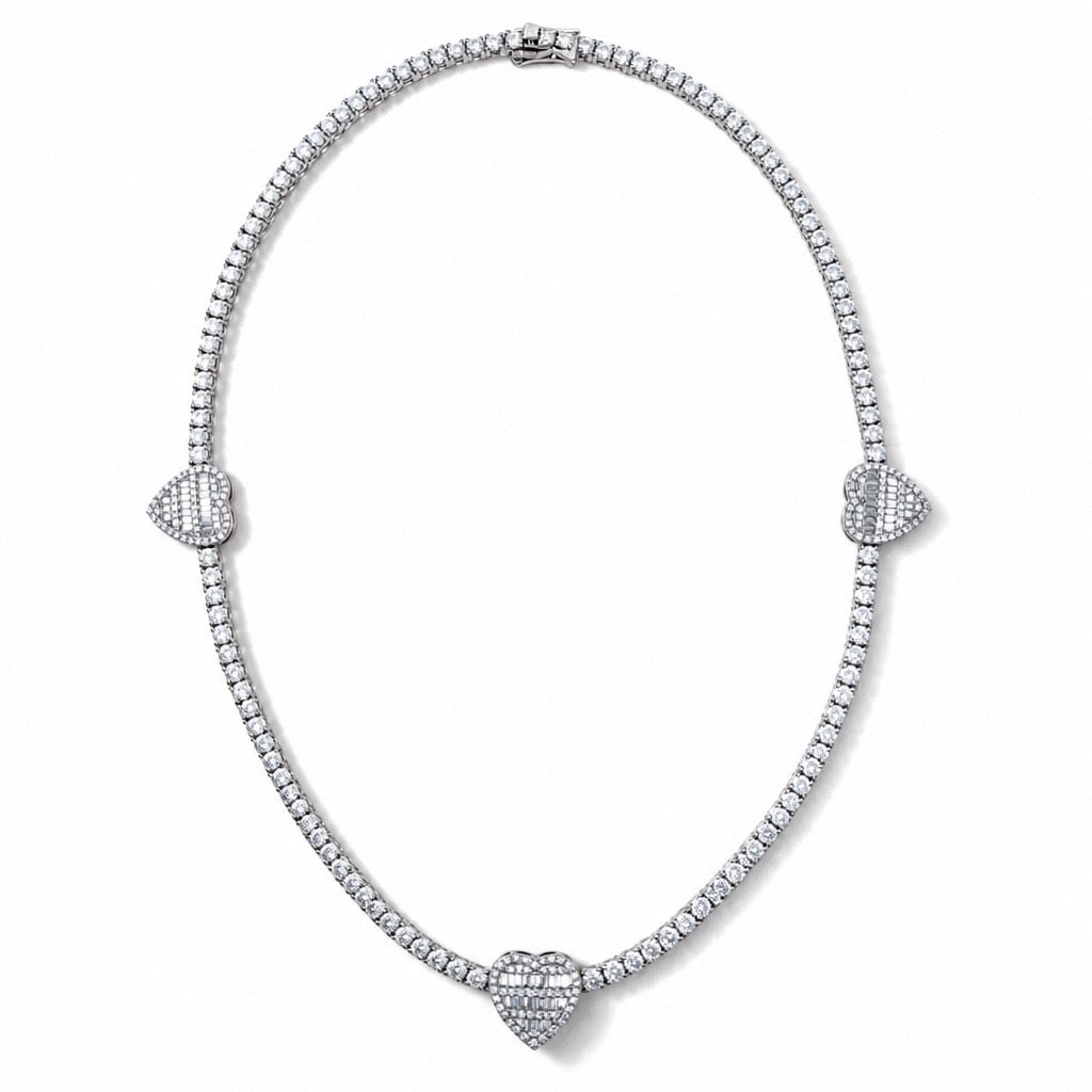 Baguette Heart Tennis Chain — Moissanite, 925 Silver