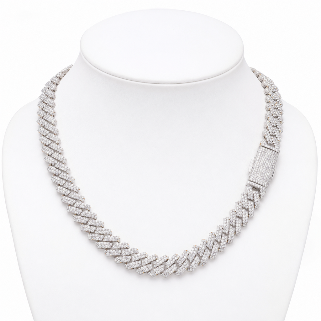 12mm Cuban Chain Prong Setting — Moissanite, 925 Silver