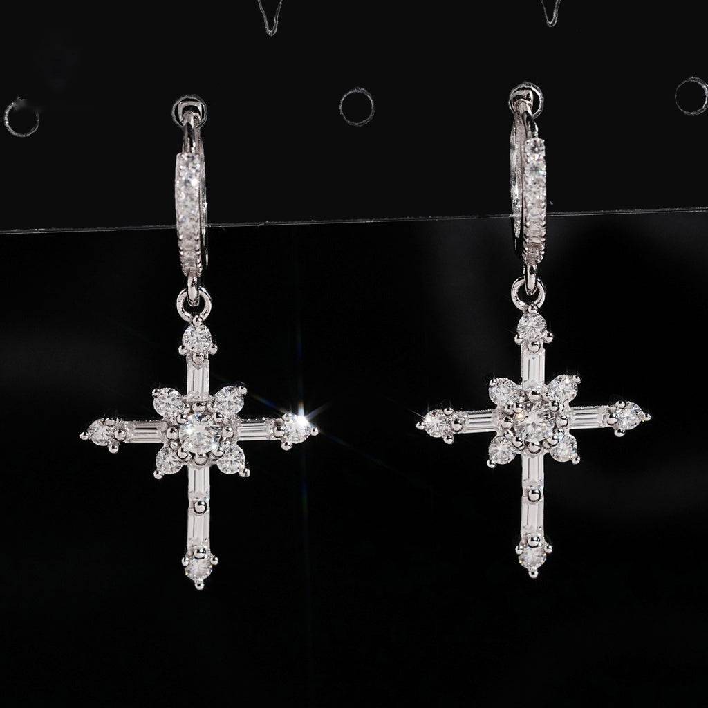 Baguette Cross Dangle Huggie Earrings — Moissanite, 925 Silver