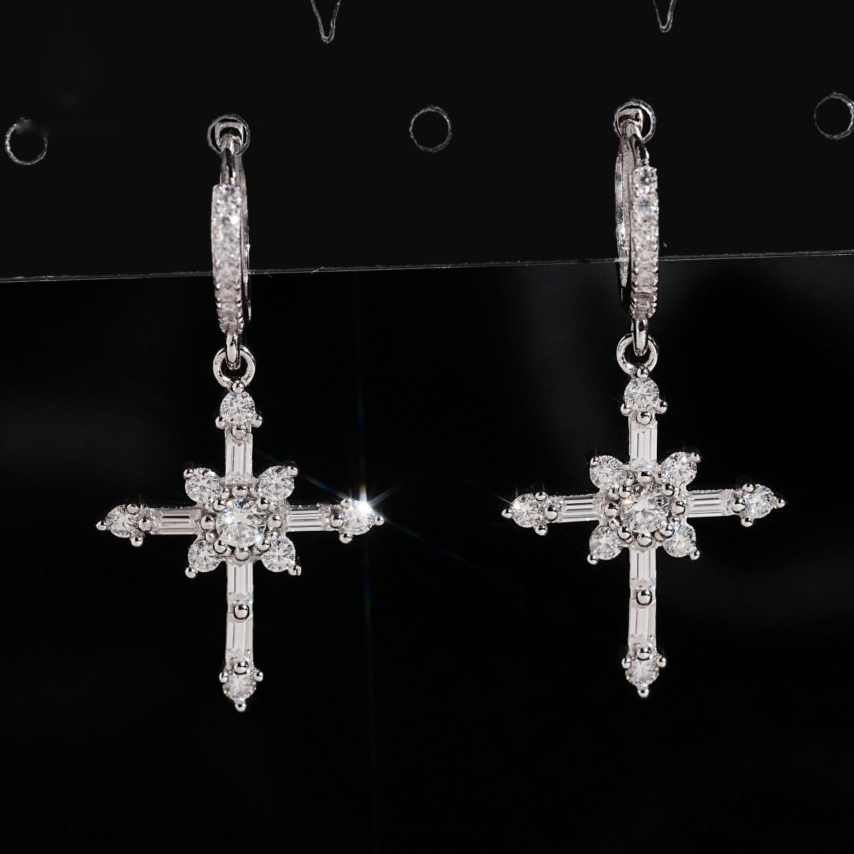 Baguette Cross Dangle Huggie Earrings — Moissanite, 925 Silver