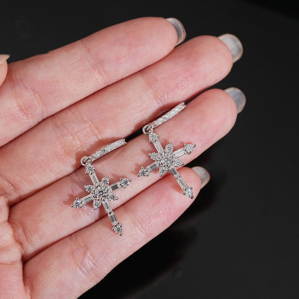 Baguette Cross Dangle Huggie Earrings — Moissanite, 925 Silver