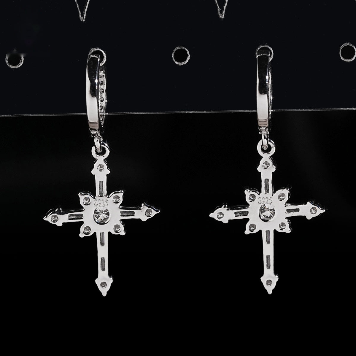 Baguette Cross Dangle Huggie Earrings — Moissanite, 925 Silver