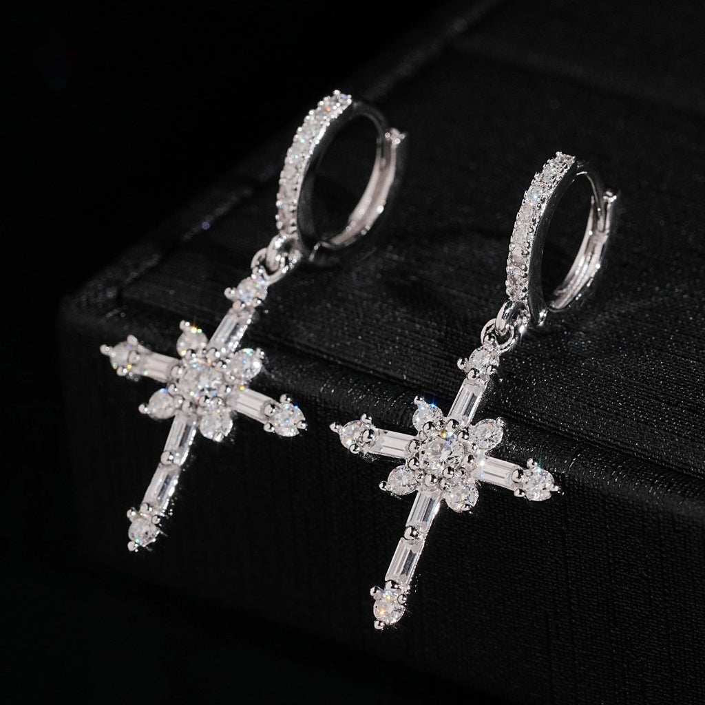 Baguette Cross Dangle Huggie Earrings — Moissanite, 925 Silver