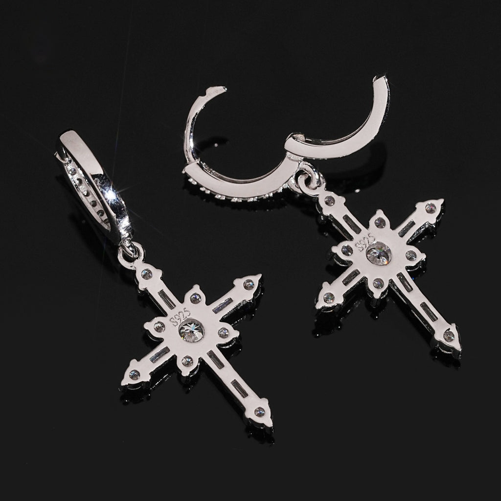 Baguette Cross Dangle Huggie Earrings — Moissanite, 925 Silver