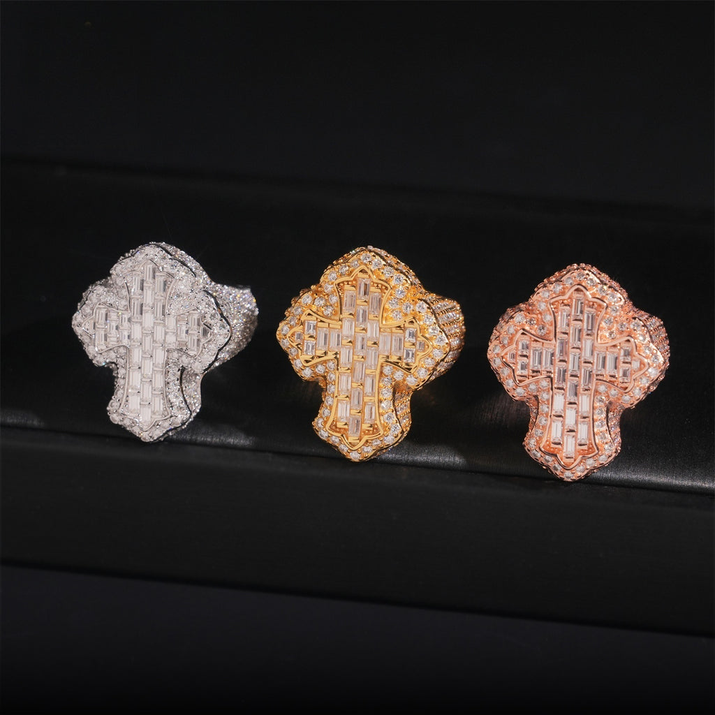 Baguette Cross Ring — Moissanite, 925 Silver